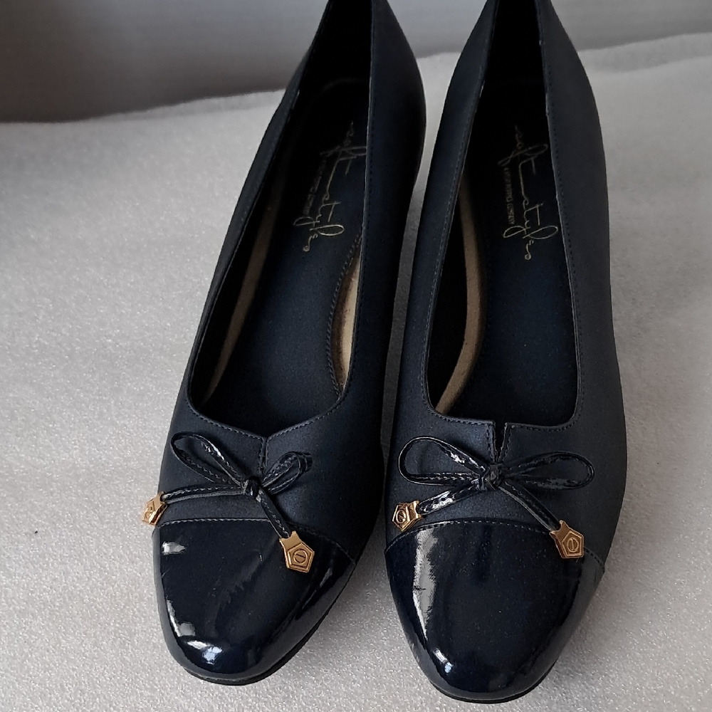 Hush Puppies Navy Patent Toe Bow Flats with Gold Accents